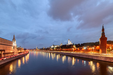 Fototapeta na wymiar Moscow Kremlin embankment in the summer evening, Overcast, rainy night