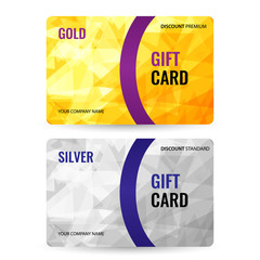 Gift card bright design with gold and silver background of chaotically moving triangles. Modern dynamic background for your company. Vector illustration.