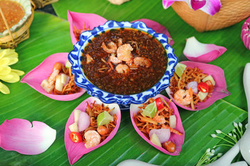 Thai Style Fresh Lotus Flower Petal Wrapped Appetizer with Sweet and Spicy Dips 
