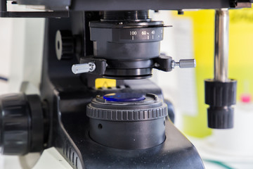 Close-up shot of microscope at laboratory.