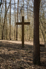 Wooden big cross standing in the forest
