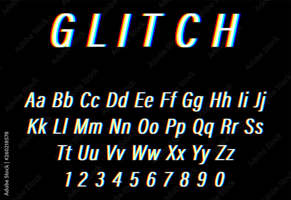 Fototapete glitch font on black background. alphabet letters with numbers in glitch design. trendy style distor