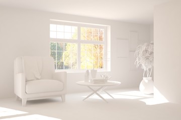 White stylish minimalist room with armchair and autumn landscape in window. Scandinavian interior design. 3D illustration
