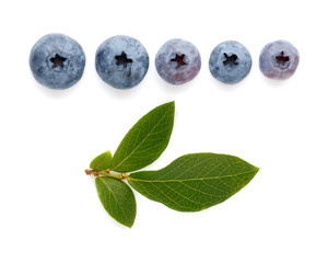 Fresh ripe blueberry berries and leaves isolated on white background. Top view.