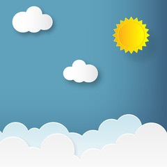 Paper art of yellow sun and white clouds. Sky with clouds and sun in paper art design. Summer banner