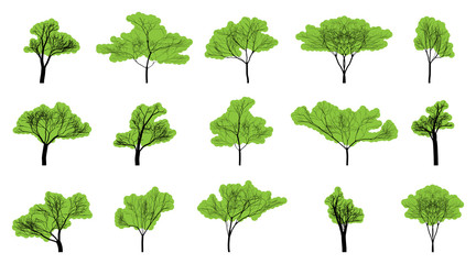 Set of green trees on an empty background