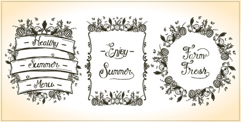 Vegetable frames set, , veggie elements, hand drawn graphic line illustration, enjoy summer, farm fresh, healthy summer menu design concept