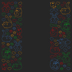 Vector set of beautiful round icons in the form of wild animals for children and design, print, cat ,bear, fox, bird ,hare or rabbit. Round animals with caption on black background