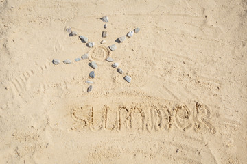 Top view of summer sand child drawing