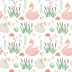 Cotton fabric Swans cute seamless pattern. Modern princess swan repetitive texture. Holiday endless background, backdrop. Vector illustration.
