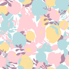 Flowers pattern vector. Floral seamless background with hand drawn stylized peonies or roses  and leaves.