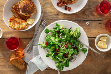 Healthy food Vegetarian dinner table green salad vegetable cutlets