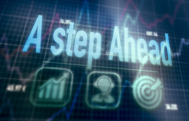 A step Ahead concept on a blue dot matrix computer display.