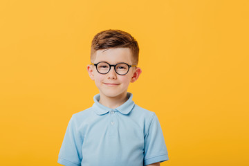 portrait of a beautiful and handsome little boy who looks into the camera, in glasses, dressed in blue shirt, isolated on yellow background, copy space © Alexandr