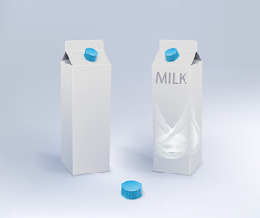 Two Milk Carton Packages Blank White .Milk splash background. Concept business illustration. Vector illustration graphic. Product packaging. Paper package. Illustration isolated white background. 