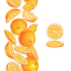 Design template with orange fruit in watercolor. Seamless brush. Sweet and fresh fruit element for menu, greeting cards, wrapping paper, cosmetics packaging, labels, tags, posters