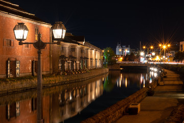 Landscape view of Otaru canals and warehouse at night in Hokkaido Japan. Here is a famous landmark...