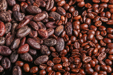 Roasted beans. Cocoa beans and coffee beans isolated on black background.