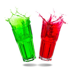 Couple green soda and red soda splashing out of glass isolated  on white background.