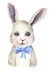 Obraz premium Baby rabbit painted with watercolor. Cute rabbit. Decor for the nursery. Children's illustration. Nursery woodland Print