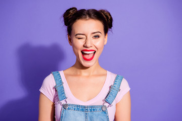 Close up photo beautiful amazing she her lady two buns open mouth wink boys guys cheerful pretty...
