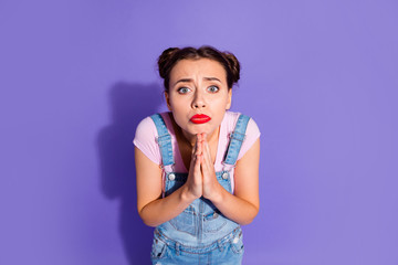 Close up photo beautiful funny funky she her lady two buns red lipstick pomade hands arms together ask buy clothes wear casual t-shirt jeans denim overalls isolated purple violet background