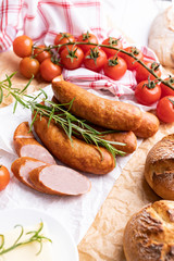 Traditional, appetizing home made meat. Country smoked sausage, 