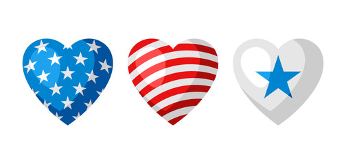 Three heart shapes in American Flag colors.