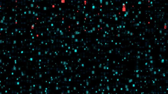 Technology data binary code network conveying connectivity, complexity and data flood. Color bytes of binary code flying through a vortex, background code depth of field