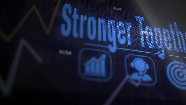 Stringer Together business concept on a flashing computer monitor with moving graphs and data.