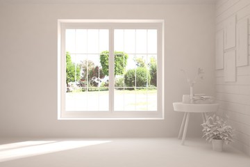 Naklejka na ściany i meble White stylish empty room with summer landscape in window. Scandinavian interior design. 3D illustration