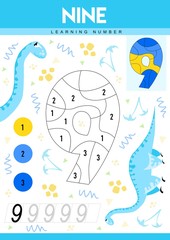 Learn numbers 9 with dino. Nine. Kids learn to count worksheet. Children educational game for numbers. Vector illustration.