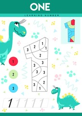 Learn numbers 1 with dino. One. Kids learn to count worksheet. Children educational game for numbers. Vector illustration.
