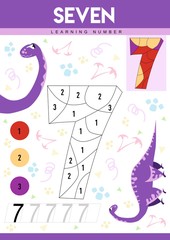 Learn numbers 7 with dino. Seven. Kids learn to count worksheet. Children educational game for numbers. Vector illustration.