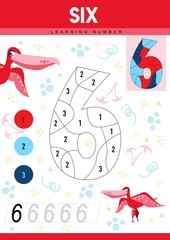Learn numbers 6 with dino. Six. Kids learn to count worksheet. Children educational game for numbers. Vector illustration.