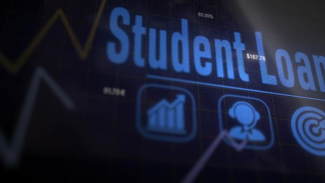 Student Loan concept on a flashing computer monitor with moving graphs and data.