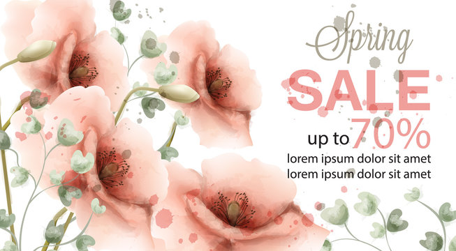 Pink poppy spring card Vector watercolor. Sale banner. Advertise poster. Invitation floral vintage compositions