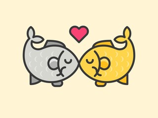 Fish couple cartoon vector on yellow background