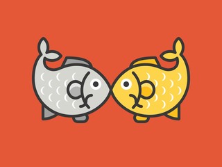 Fish couple cartoon vector on red background