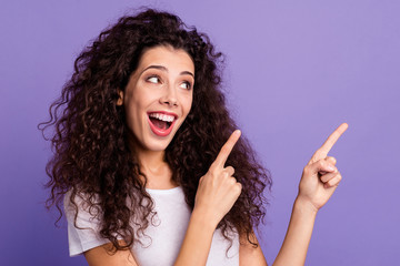 Close up photo beautiful funny funky her she lady eyes look up hold arms index fingers empty space...