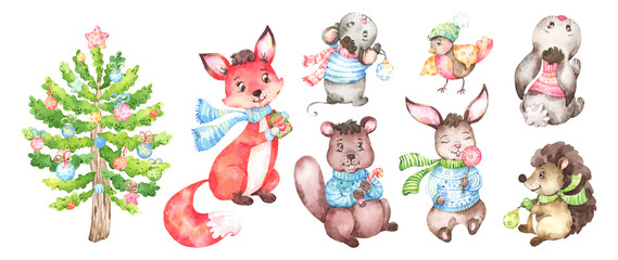 Set of hand painted winter, Christmas, New year themed illustrations of cartoon style woodland animals with a decorated Christmas tree