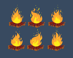 Camp fire animation sprites. Cartoon bonfire animation frames vector set. Illustration of fire animation, flame hot cartoon