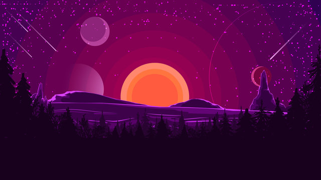 Landscape with sunset behind the mountains, forest and starry sky in purple tones. Vector illustration.