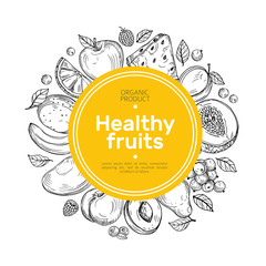 Hand drawn fruit background. Orange and grapes, mango pear, watermelon, raspberry peach farm organic food vector label. Illustration of badge fruit berry, ripe and sweet