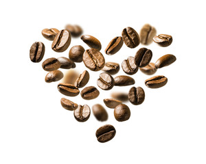 Coffee beans in flight in the shape of a heart