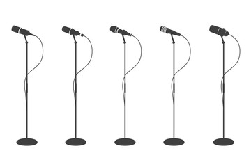 Microphone silhouettes. Standing microphones audio equipment. Concept and karaoke music mics vector isolated collection. Mic audio, microphone for speech and record illustration