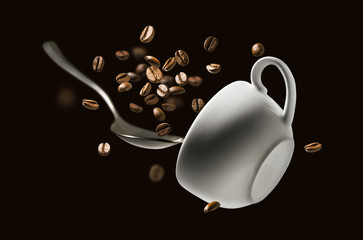 Coffee beans spoon and Cup in flight