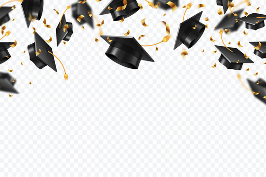 Graduation caps confetti. Flying students hats with golden ribbons isolated. University, college school education vector background. University caps student, ceremony award illustration