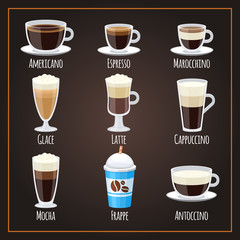 Coffee types flat vector collection americano and latte. Illustration of espresso and latte, americano and mocha