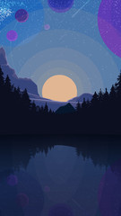 Landscape with starry sky, planets, pine forest and lake in the mountains. Vector illustration